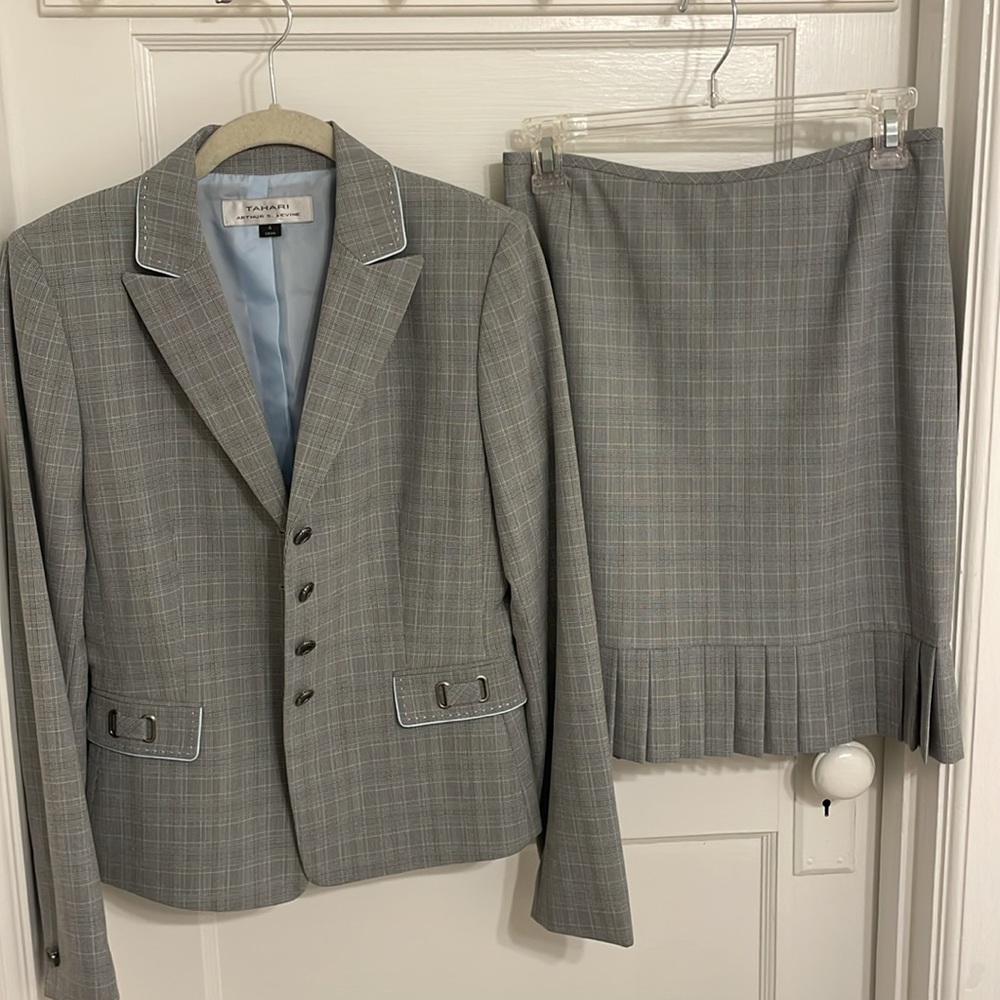 Gray Plaid Women's blazer and skirt set by Tahari